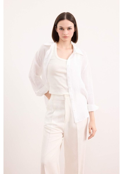%100 Keten Oversize Geniş Kalıp Uzun Kollu Beyaz Gömlek Z6638AZ25SP