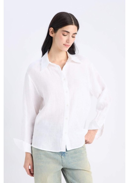 %100 Keten Oversize Geniş Kalıp Uzun Kollu Beyaz Gömlek Z6638AZ25SP
