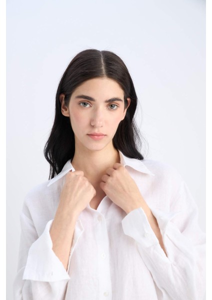 %100 Keten Oversize Geniş Kalıp Uzun Kollu Beyaz Gömlek Z6638AZ25SP