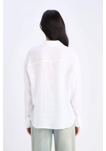 %100 Keten Oversize Geniş Kalıp Uzun Kollu Beyaz Gömlek Z6638AZ25SP
