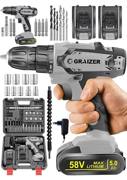 Alman G-R-Z 58 V 5 Ah Darbeli Bakır Sargili Çelik Şanzuman Şarjlı Çift Akülü Vidalama Matkap