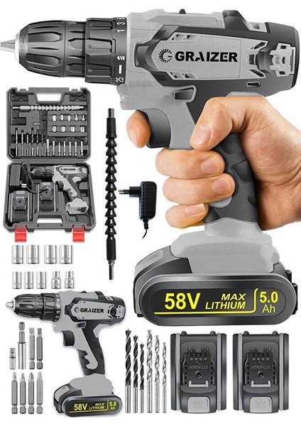 Alman G-R-Z 58 V 5 Ah Darbeli Bakır Sargili Çelik Şanzuman Şarjlı Çift Akülü Vidalama Matkap fiyatları