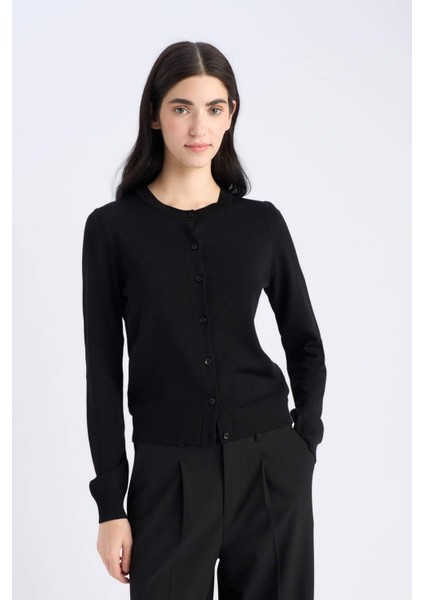 Regular Fit Bisiklet Yaka Basic Düz Düğmeli Triko Hırka D6282AX25SP