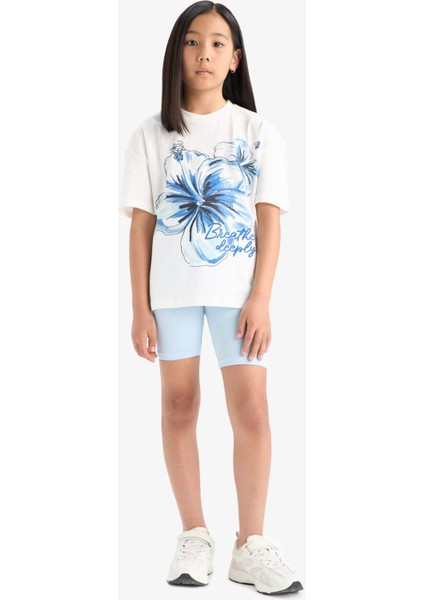 Kız Çocuk 2'li Takım Baskılı Kısa Kollu Tişört Biker Tayt E4759A825HS