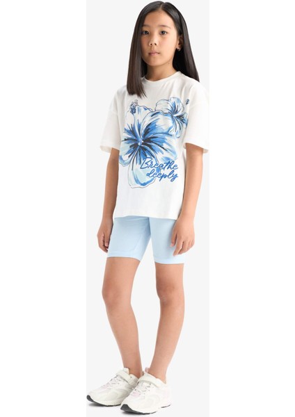 Kız Çocuk 2'li Takım Baskılı Kısa Kollu Tişört Biker Tayt E4759A825HS