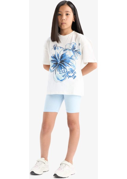 Kız Çocuk 2'li Takım Baskılı Kısa Kollu Tişört Biker Tayt E4759A825HS