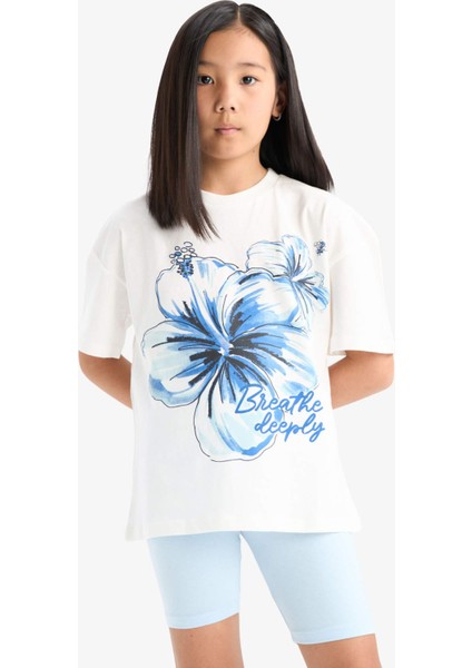 Kız Çocuk 2'li Takım Baskılı Kısa Kollu Tişört Biker Tayt E4759A825HS