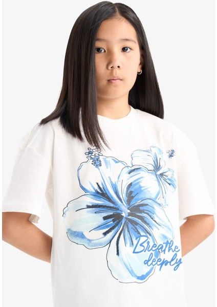 Kız Çocuk 2'li Takım Baskılı Kısa Kollu Tişört Biker Tayt E4759A825HS