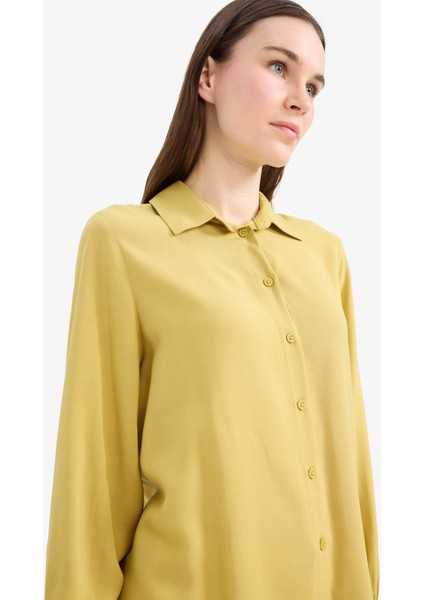 Regular Fit Basic Düz Viskon Uzun Kollu Gömlek Tunik D7352AX25SP