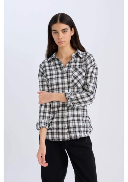 Oversize Geniş Kalıp Kareli Uzun Kollu Gömlek