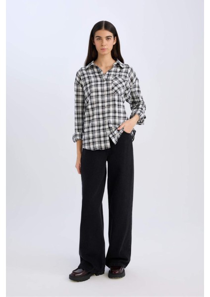 Oversize Geniş Kalıp Kareli Uzun Kollu Gömlek