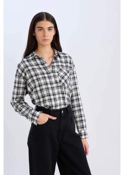 Oversize Geniş Kalıp Kareli Uzun Kollu Gömlek