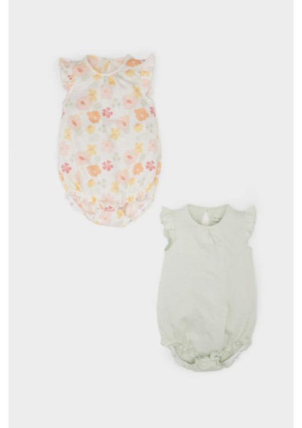 Kız Bebek Yenidoğan Bisiklet Yaka Çiçekli Penye 2'li Kısa Kollu Çıtçıtlı Body