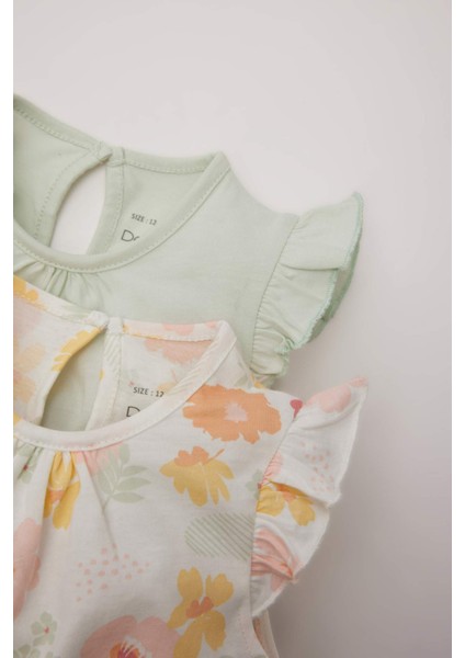 Kız Bebek Yenidoğan Bisiklet Yaka Çiçekli Penye 2'li Kısa Kollu Çıtçıtlı Body