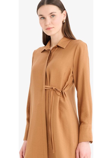 Regular Fit Gömlek Yaka Büzgülü Uzun Kollu Diz Altı Tesettür Tunik D9862AX25SM