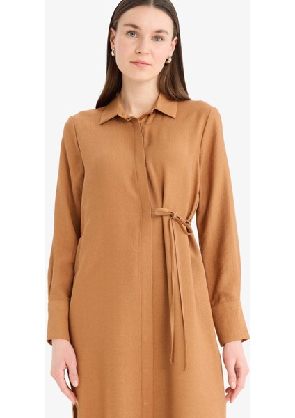 Regular Fit Gömlek Yaka Büzgülü Uzun Kollu Diz Altı Tesettür Tunik D9862AX25SM