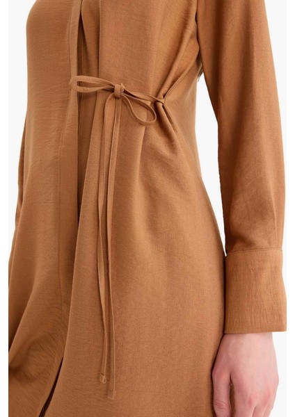 Regular Fit Gömlek Yaka Büzgülü Uzun Kollu Diz Altı Tesettür Tunik D9862AX25SM