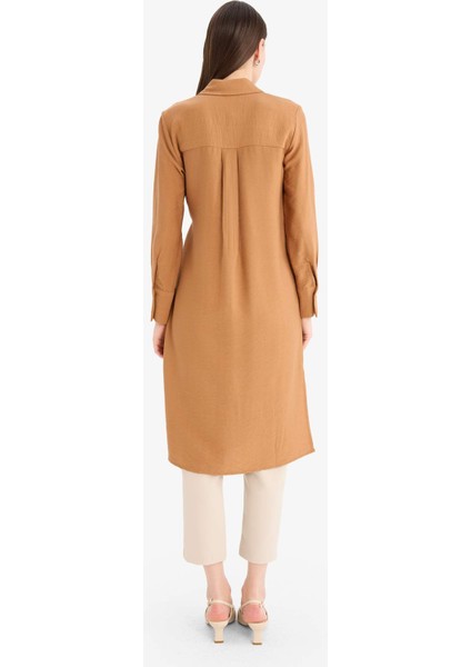 Regular Fit Gömlek Yaka Büzgülü Uzun Kollu Diz Altı Tesettür Tunik D9862AX25SM
