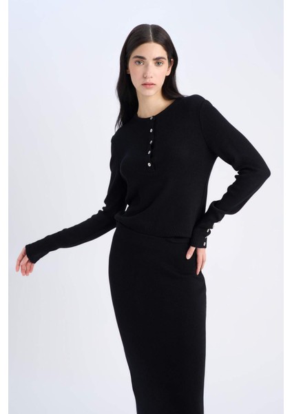 Fitted Bisiklet Yaka Basic Düz Siyah Triko Kazak E5345AX25SP