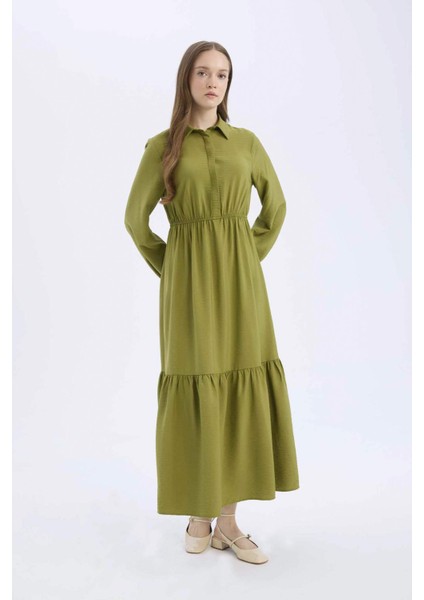 Gömlek Yaka Basic Düz Düğmeli Beli Büzgülü Uzun Kollu Maxi Elbise D5851AX25SP