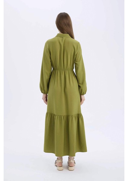 Gömlek Yaka Basic Düz Düğmeli Beli Büzgülü Uzun Kollu Maxi Elbise D5851AX25SP
