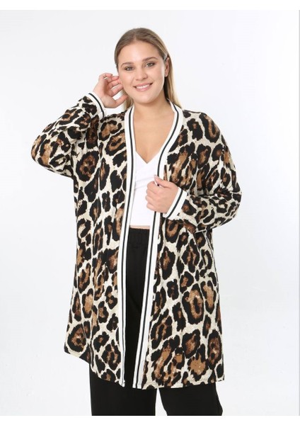 Kadın Büyük Beden Şerit Detaylı Desenli Uzun Kollu Esnek Viskon Hırka 25003