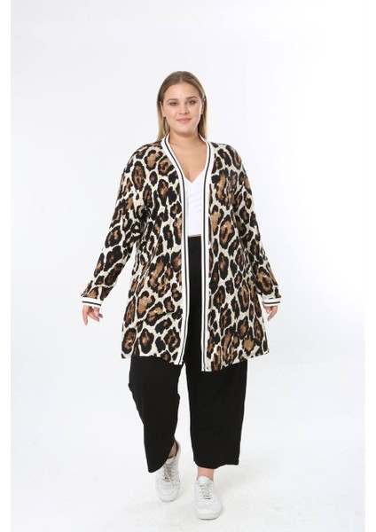 Kadın Büyük Beden Şerit Detaylı Desenli Uzun Kollu Esnek Viskon Hırka 25003 fırsatları