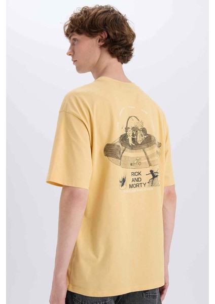 %100 Pamuk Rick and Morty Boxy Fit Bisiklet Yaka Sırt Baskılı Kısa Kollu Tişört E3264AX25SM
