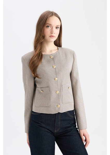Bisiklet Yaka Kareli Blazer Ceket E5231AX24CW
