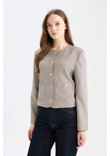Bisiklet Yaka Kareli Blazer Ceket E5231AX24CW