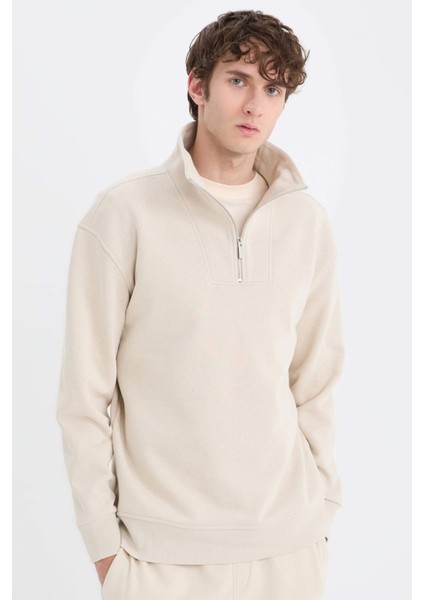 Relax Fit Dik Yaka Fermuarlı Basic Düz Kalın Sweatshirt E5332AX24WN