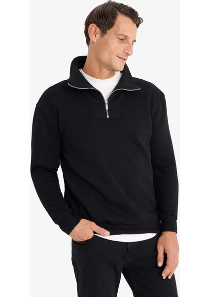 Relax Fit Dik Yaka Fermuarlı Basic Düz Kalın Sweatshirt E5332AX24WN