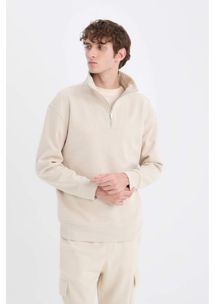 Relax Fit Dik Yaka Fermuarlı Basic Düz Kalın Sweatshirt E5332AX24WN