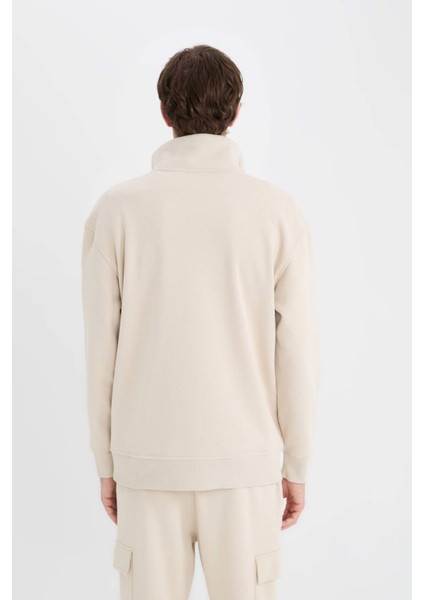 Relax Fit Dik Yaka Fermuarlı Basic Düz Kalın Sweatshirt E5332AX24WN
