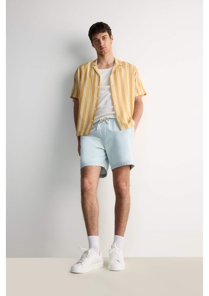 Regular Fit Apaş Yaka Baskılı Çizgili Kısa Kollu Gömlek E5421AX25SM