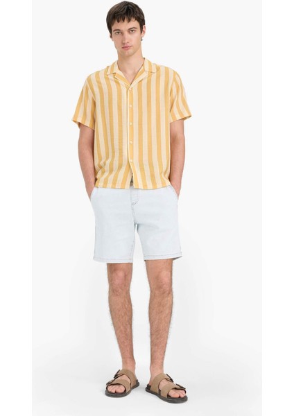 Regular Fit Apaş Yaka Baskılı Çizgili Kısa Kollu Gömlek E5421AX25SM