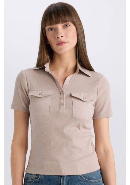 Slim Fit Dar Kesim Polo Yaka Fitilli Kaşkorse Cepli Kısa Kollu Tişört E5403AX25SP