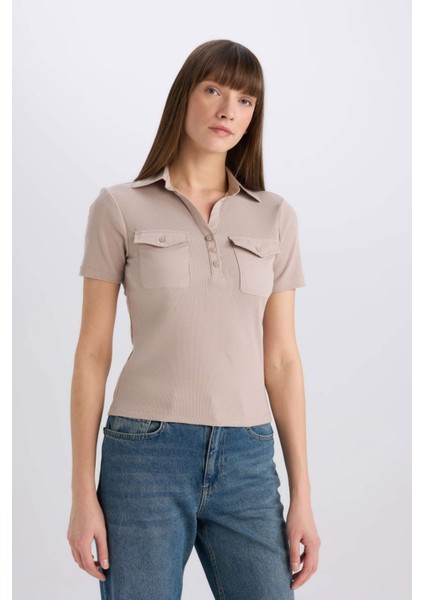 Slim Fit Dar Kesim Polo Yaka Fitilli Kaşkorse Cepli Kısa Kollu Tişört E5403AX25SP