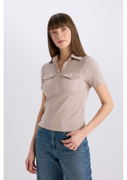 Slim Fit Dar Kesim Polo Yaka Fitilli Kaşkorse Cepli Kısa Kollu Tişört E5403AX25SP