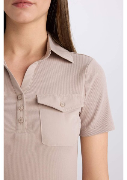 Slim Fit Dar Kesim Polo Yaka Fitilli Kaşkorse Cepli Kısa Kollu Tişört E5403AX25SP