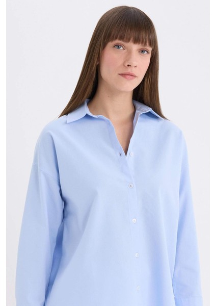 Oversize Geniş Kalıp Basic Düz Oxford Uzun Kollu Gömlek C4597AX25SP