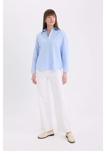 Oversize Geniş Kalıp Basic Düz Oxford Uzun Kollu Gömlek C4597AX25SP