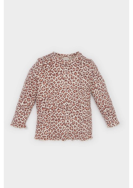 Kız Bebek Bisiklet Yaka Fitilli Kaşkorse Leopar Desenli Uzun Kollu Tişört E5094A525SP