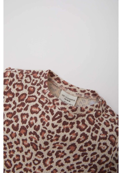 Kız Bebek Bisiklet Yaka Fitilli Kaşkorse Leopar Desenli Uzun Kollu Tişört E5094A525SP