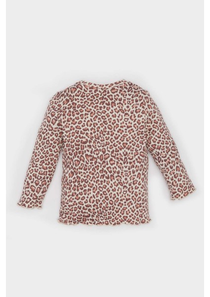 Kız Bebek Bisiklet Yaka Fitilli Kaşkorse Leopar Desenli Uzun Kollu Tişört E5094A525SP