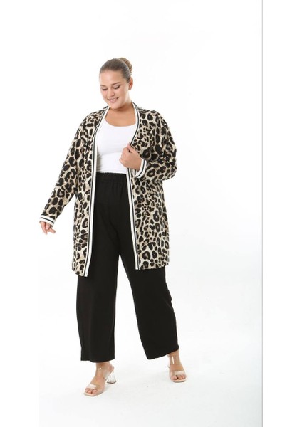 Kadın Büyük Beden Şerit Detaylı Desenli Uzun Kollu Esnek Viskon Hırka 25003