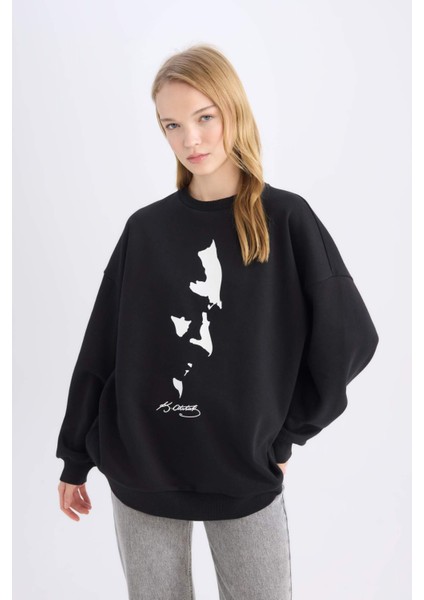 Oversize Geniş Kalıp Bisiklet Yaka Atatürk Baskılı Sweatshirt E5445AX24WN