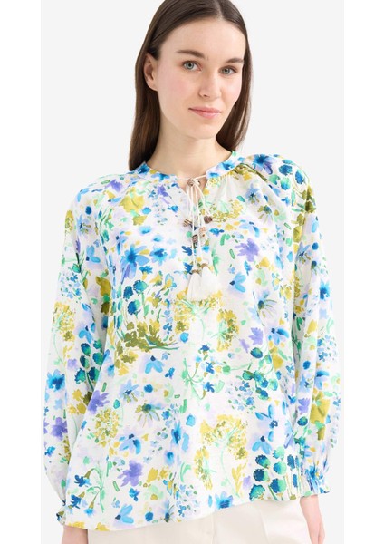 Relax Fit Bağcıklı Yaka Desenli Uzun Kollu Tesettür Gömlek Tunik E1100AX25HS