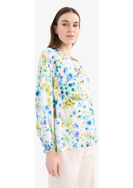 Relax Fit Bağcıklı Yaka Desenli Uzun Kollu Tesettür Gömlek Tunik E1100AX25HS