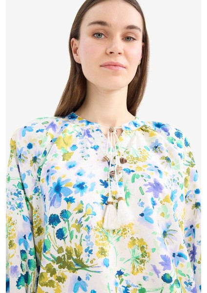 Relax Fit Bağcıklı Yaka Desenli Uzun Kollu Tesettür Gömlek Tunik E1100AX25HS